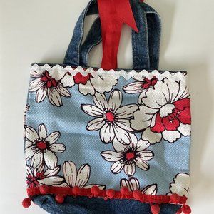 Women's/Teen Tote Bag Denim with Floral Fabric in Red, White, and Blue